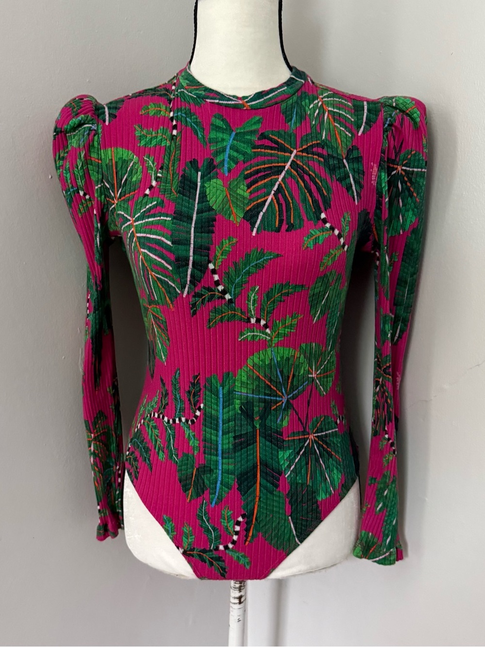 Pink Leaves Ribbed Long Sleeve Bodysuit by Farm Rio Medium